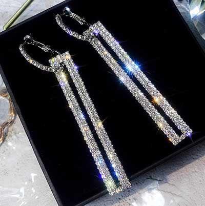 black-background-Art Deco Rectangle Drop Crystal Earrings-color-silver