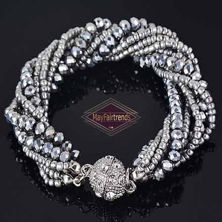 Multi-Strand-Crystal-Beads-Handmade-Bracelet-color-Gray